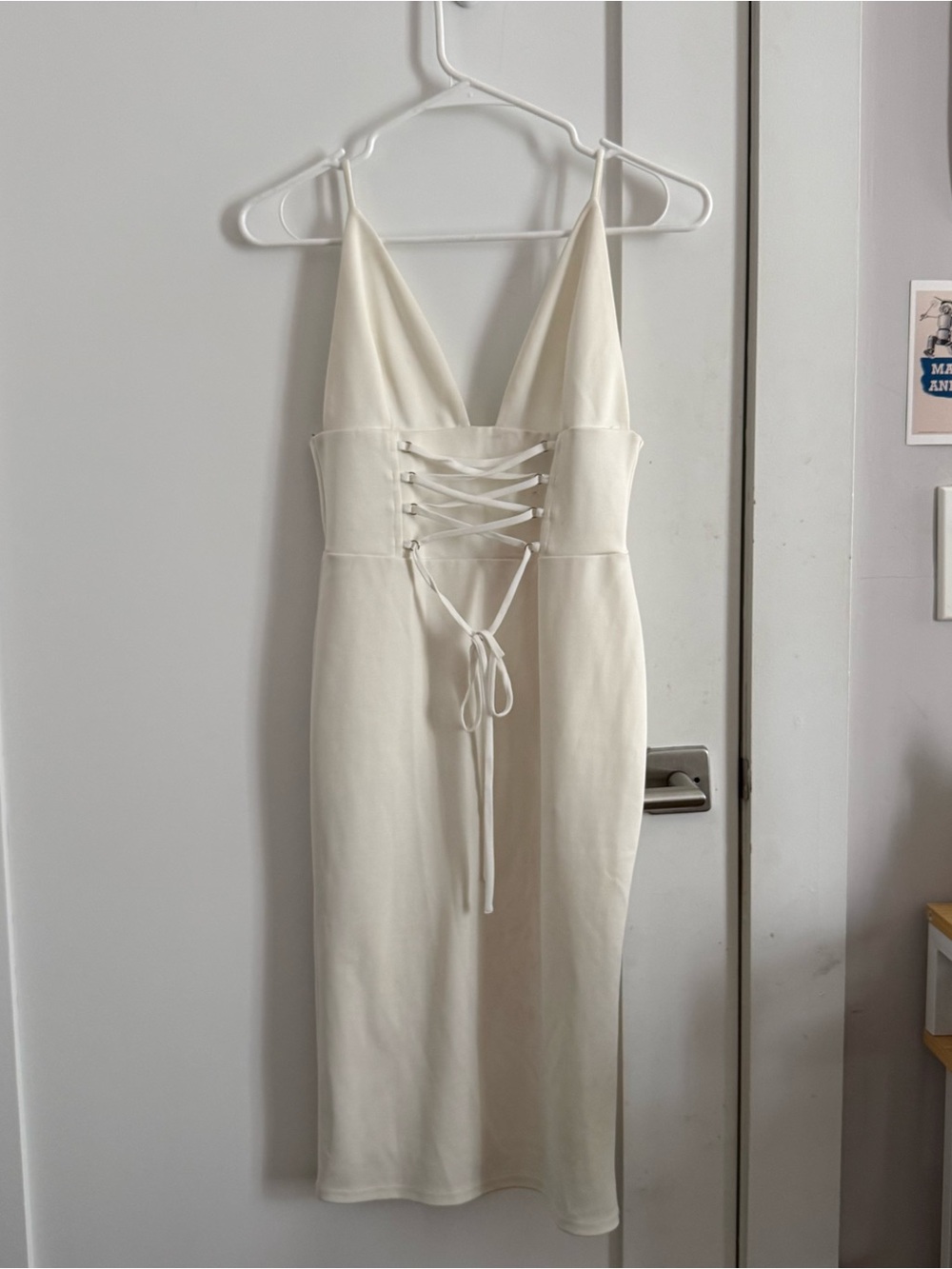 White Lace-Up Midi Dress with V-Neck